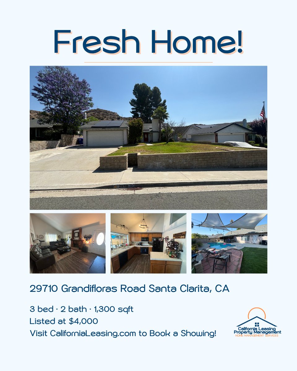 CALeasing's tweet image. 🏡✨ Find your dream rental in Santa Clarita! This charming 3-bed, single-story home has a private pool/spa &amp;amp; solar panels! 🌞💧 Move in by Aug 7! Info: Californialeasing.com or call 661.294.8500. 🐾 #SantaClarita #RentalHome #PrivatePool #SolarPower #HomeSweetHome 💖