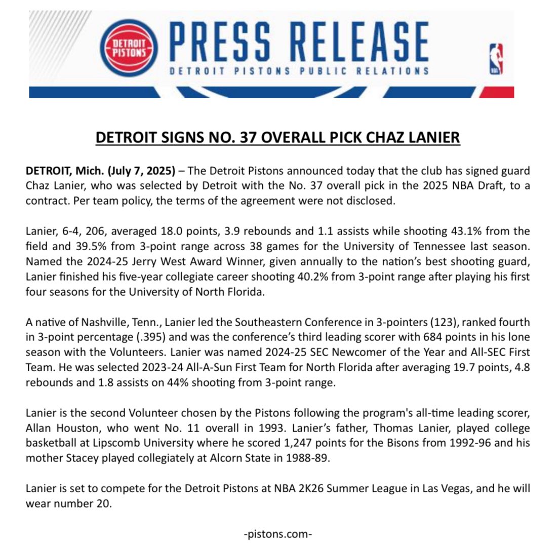 Pistons_PR's tweet image. The @DetroitPistons announced today that the club has signed guard Chaz Lanier, who was selected by Detroit with the No. 37 overall pick in the 2025 NBA Draft, to a contract.