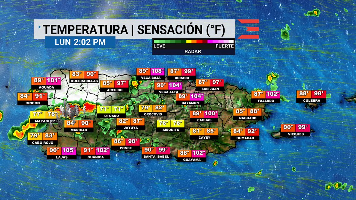 A esta hora de la tarde, se registran índices de calor sobre los 100 grados en gran parte de los municipios costeros mientras se reporta el desarrollo de fuertes aguaceros con tormentas eléctricas sobre el interior-oeste y norte central de la isla.