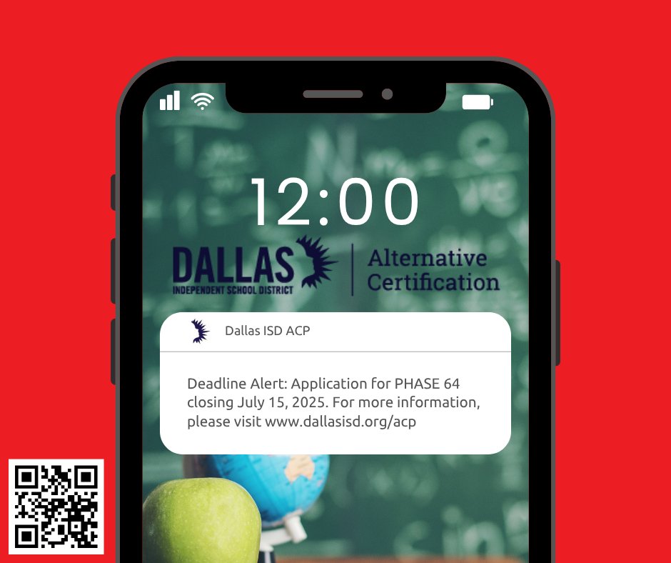 certifydisd's tweet image. Thinking about making a meaningful career move? Become a certified teacher and make a difference in a child's life!
The PHASE 64 application deadline is coming up fast — July 15, 2025!
#DallasISD
#certifiededucators