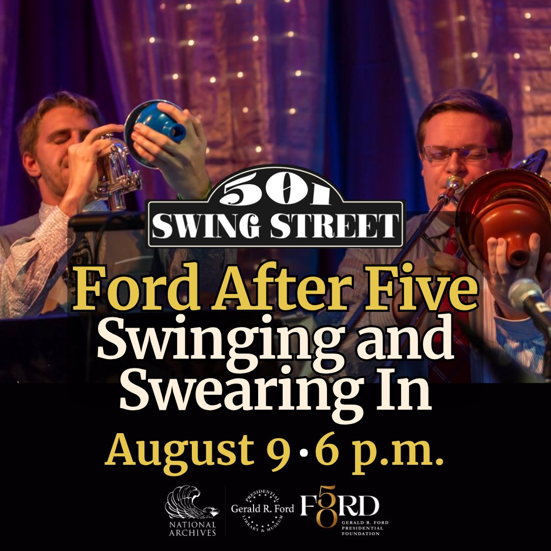 Ford_Library's tweet image. Grab your dancing shoes and join us August 9 at 6 p.m. on the Museum's plaza for swing music performed by 501 Swing Street and enjoy a reading of President Ford's famous swearing in speech from August 9, 1974! 💃🕺