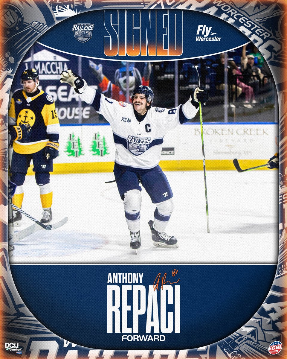 RailersHC's tweet photo. THE CAPTAIN IS BACK! ๐๐ซก
The Worcester Railers have signed captain Anthony Repaci to an ECHL Contract for the 2025-26 season โ๏ธ
Read more: https://t.co/FOJUnuqoW6
#RailersHC #GetRailed @FlyWorcester https://t.co/F2aeUB5oK8