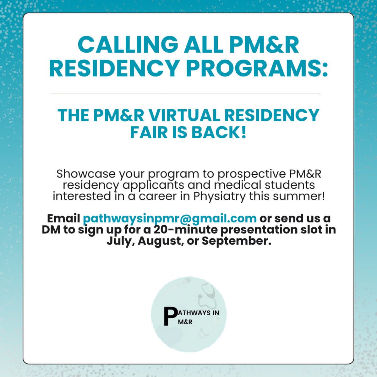 PM&R Scholars (@pmrscholars) on Twitter photo Attention medical students interested in PM&R, especially #Match2026 Applicants! <a href="/Pathways_in_PMR/">Pathways in PM&R</a> will be hosting this year’s PM&R Virtual Residency Fair!
Register once at this link for access to all of the sessions:
forms.gle/cvR9tH4HKk5Aiu… Attention medical students interested in PM&R, especially #Match2026 Applicants! <a href="/Pathways_in_PMR/">Pathways in PM&R</a> will be hosting this year’s PM&R Virtual Residency Fair!
Register once at this link for access to all of the sessions:
forms.gle/cvR9tH4HKk5Aiu…