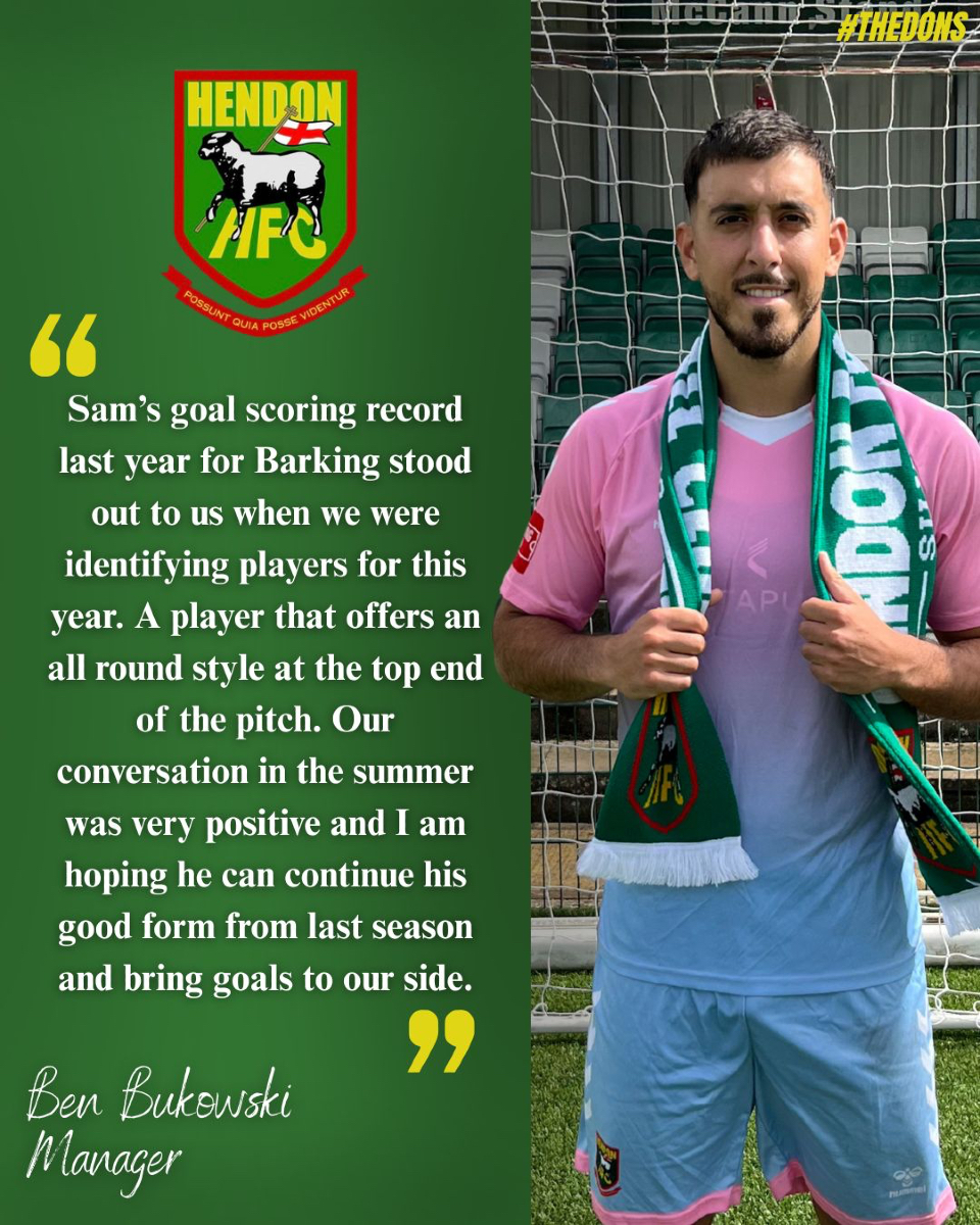 HendonFC's tweet photo. ✍️ Sam Shaban signs!

We’re pleased to announce our first new addition ahead of the 2025/26 season is Sam Shaban 👊

Sam scored 23 league goals in 32 games for Barking last season, and has also played for Waltham Abbey 🔥

Welcome Sam! 💚

Sam’s kit is now available to sponsor!
Home kit - £100
Away kit - £70
Boots - £50
Socks (u18s only) - £5

If you are interested please get in touch ⬇️
✉️ sponsorship@hfcst.org