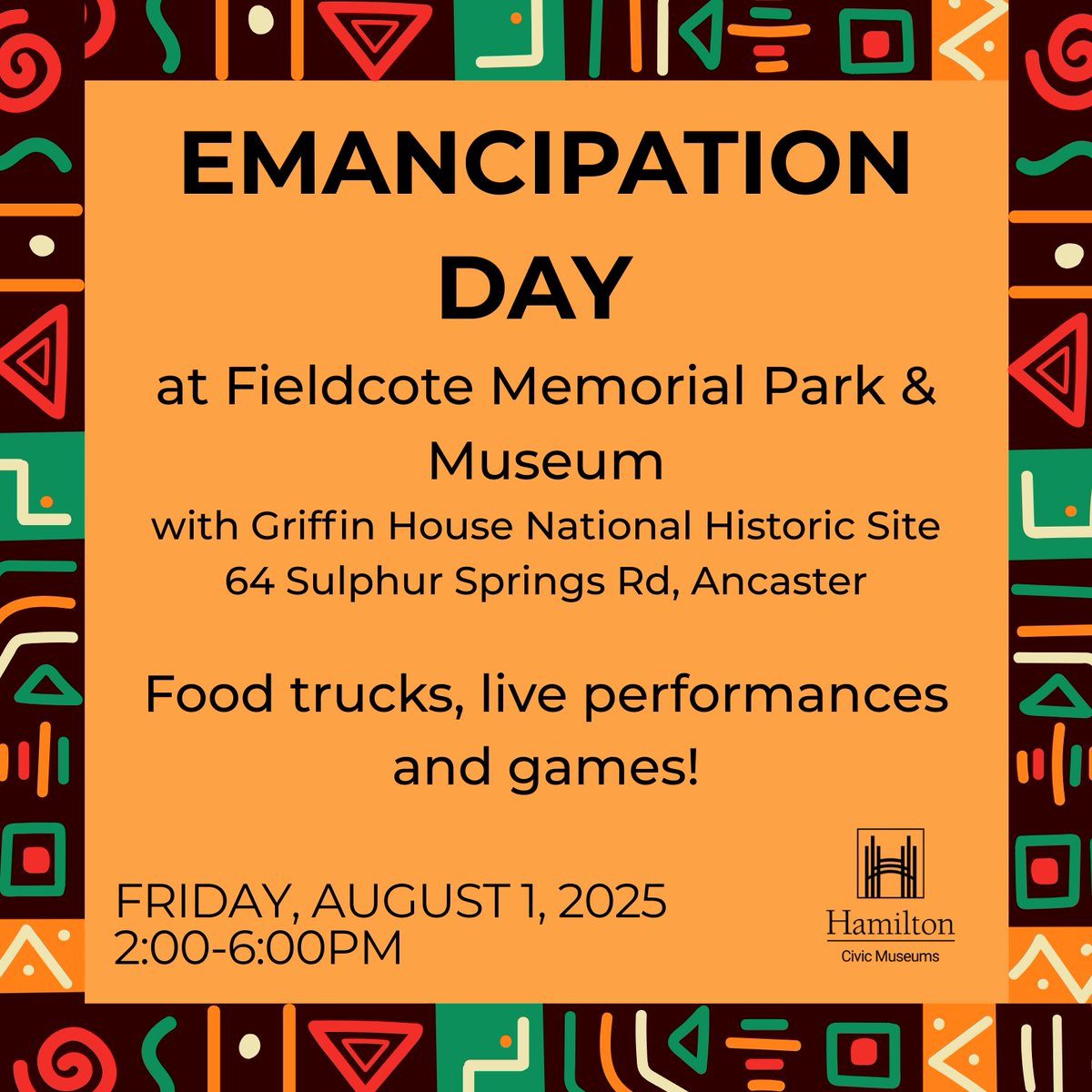 Griffin House National Historic Site &amp; Fieldcote Memorial Park &amp; Museum invite #HamOnt community members to celebrate Emancipation Day at Fieldcote on Friday, August 1st from 2 pm to 6 pm.
#EmancipationDay #EmancipationDay2025