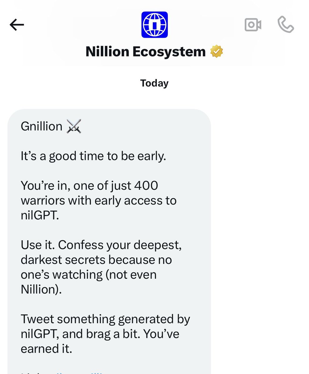 Super excited to be among the 400 warriors selected, time to try out nilGPT!
<a href="/Nillioneco/">Nillion Ecosystem</a>