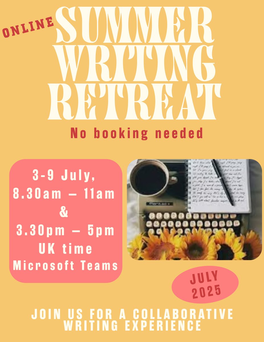 ✒️ WRITTING RETREATS JULY 2025

ONLINE writing: Meeting daily 3-9 July 8:30–11am or 3:30pm–5pm via Teams

ONLINE weekly writing sessions: every Wednesday morning, 9-11am via Teams

In-person Practice Research: 8th July 10am–5pm @ ACI PGR room GG89

Contact RDAT for Teams link