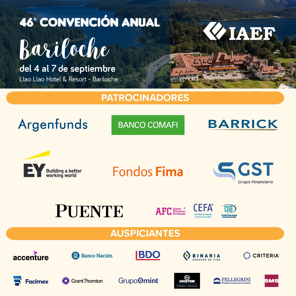 IAEF (@iaef_oficial) on Twitter photo 📆 Ya podés inscribirte en la 46° Convención Anual del IAEF
🔗 Ampliar información iaef.org.ar/evento.php?act…
📆 4 al 7 de septiembre de 2025
📍 Llao Llao Hotel & Resort <a href="/LlaoLlaoHotel/">Llao Llao Hotel</a> - Bariloche
Expositores Convocados:
Luis Caputo <a href="/LuisCaputoAR/">totocaputo</a> - Ministro de Economía de la 📆 Ya podés inscribirte en la 46° Convención Anual del IAEF
🔗 Ampliar información iaef.org.ar/evento.php?act…
📆 4 al 7 de septiembre de 2025
📍 Llao Llao Hotel & Resort <a href="/LlaoLlaoHotel/">Llao Llao Hotel</a> - Bariloche
Expositores Convocados:
Luis Caputo <a href="/LuisCaputoAR/">totocaputo</a> - Ministro de Economía de la