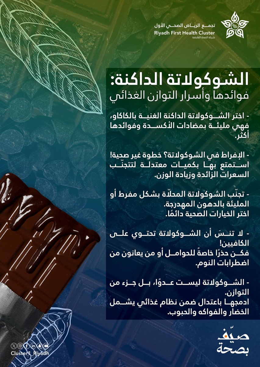 🍫| في ⁧#اليوم_العالمي_للشوكولاتة⁩، استمتع بنكهاتها دون إفراط .. كن واعيًا بصحتك و ⁧#صيف_بصحة⁩.