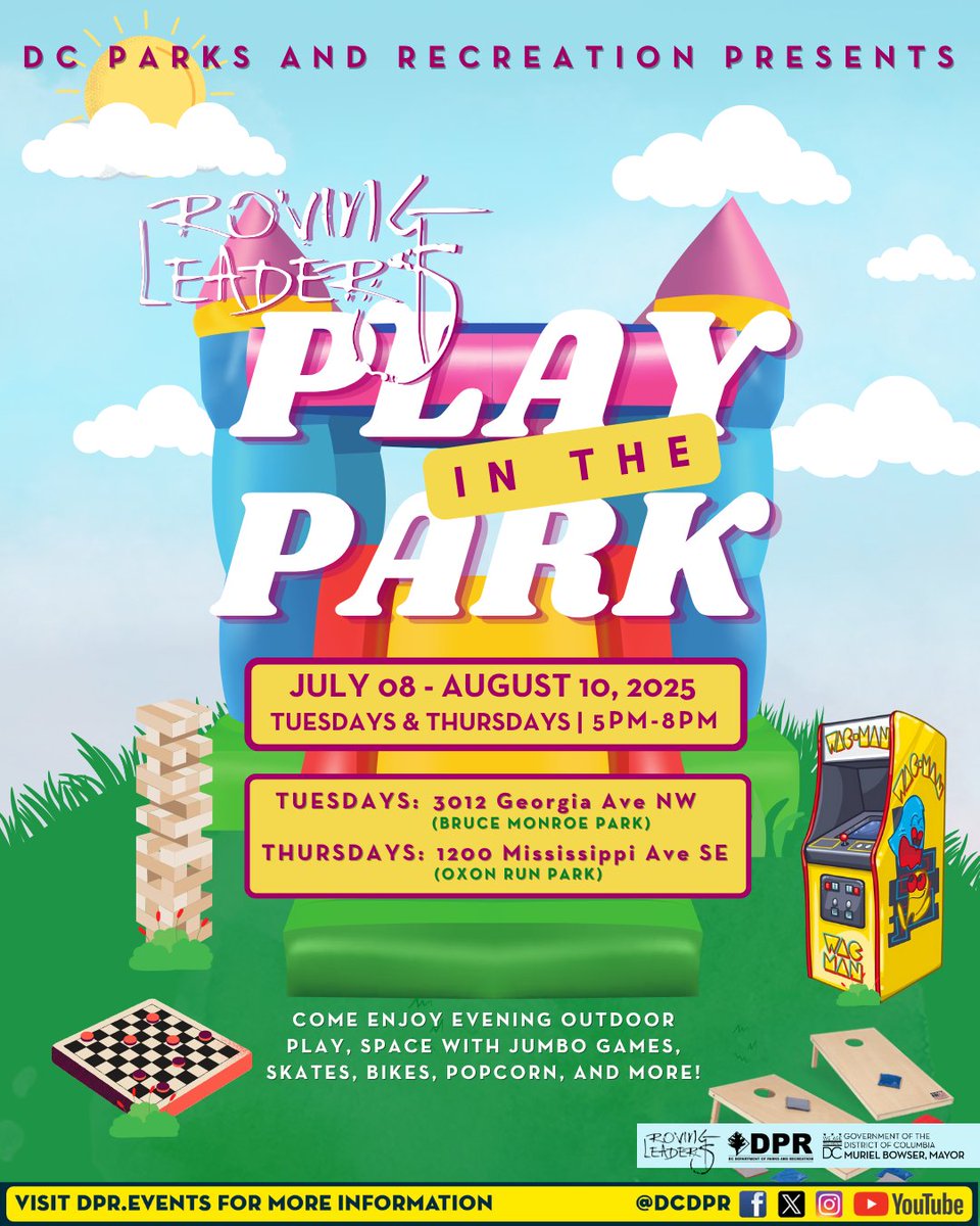 🎉 2025 edition of PLAY IN THE PARK starts THIS WEEK: 

Tuesday, July 8 at Bruce Monroe Park
Thursday, July 10 at Oxon Run Park

Come out tomorrow (&amp; every Tues/Thur through Aug 7) for jumbo games, skating, &amp; MORE from 5-8pm! 🛝🚲🛼

#WePlayTooMuch 

playinthepark.splashthat.com