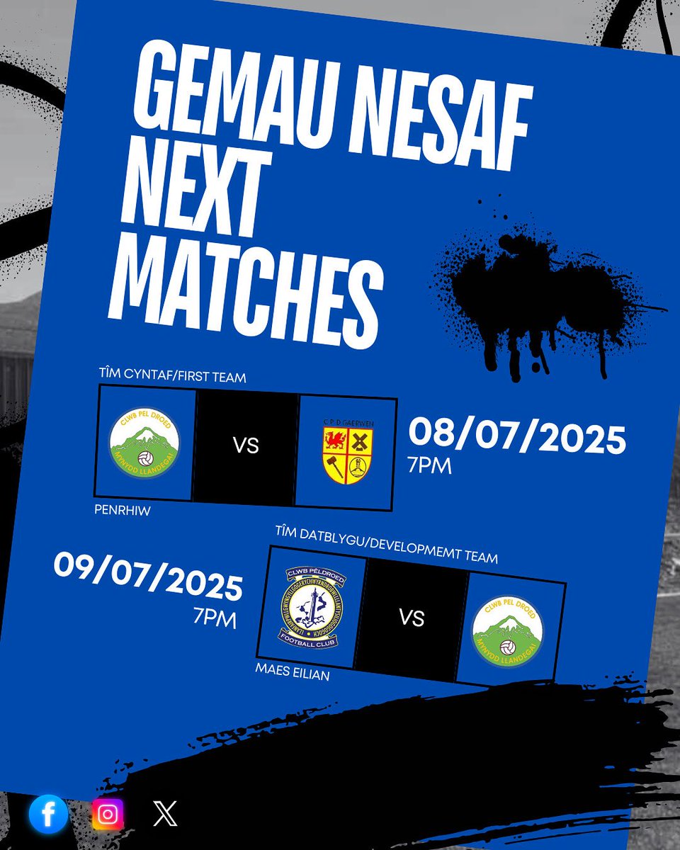 ⚽️ GEMAU NESAF/NEXT MATCHES ⚽️

Tîm Cyntaf/First Team 

Mynydd vs Gaerwen FC

08/10/2025 - 7pm

📍 Penrhiw, Mynydd Llandegai

—————————————————-

Tîm Datblygu/Development Team

Llanfairpwll Fc Development vs Mynydd

09/10/2025 - 7pm

📍Maes Eilian, Llanfairpwll

💙💙💙💙💙💙💙💙