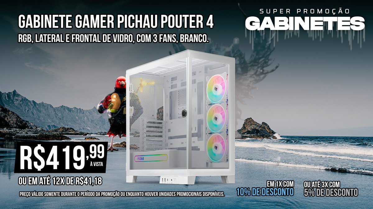 Quer um gabinete branco estilo aquário com visual incrível? Achou! 👇

Com suporte pra até 10 ventoinhas, espaço para water cooler de 360mm e 3 fans ARGB inclusos, ele une estética e resfriamento potente no seu setup. 

Confira ▶ bit.ly/4e2tCGk