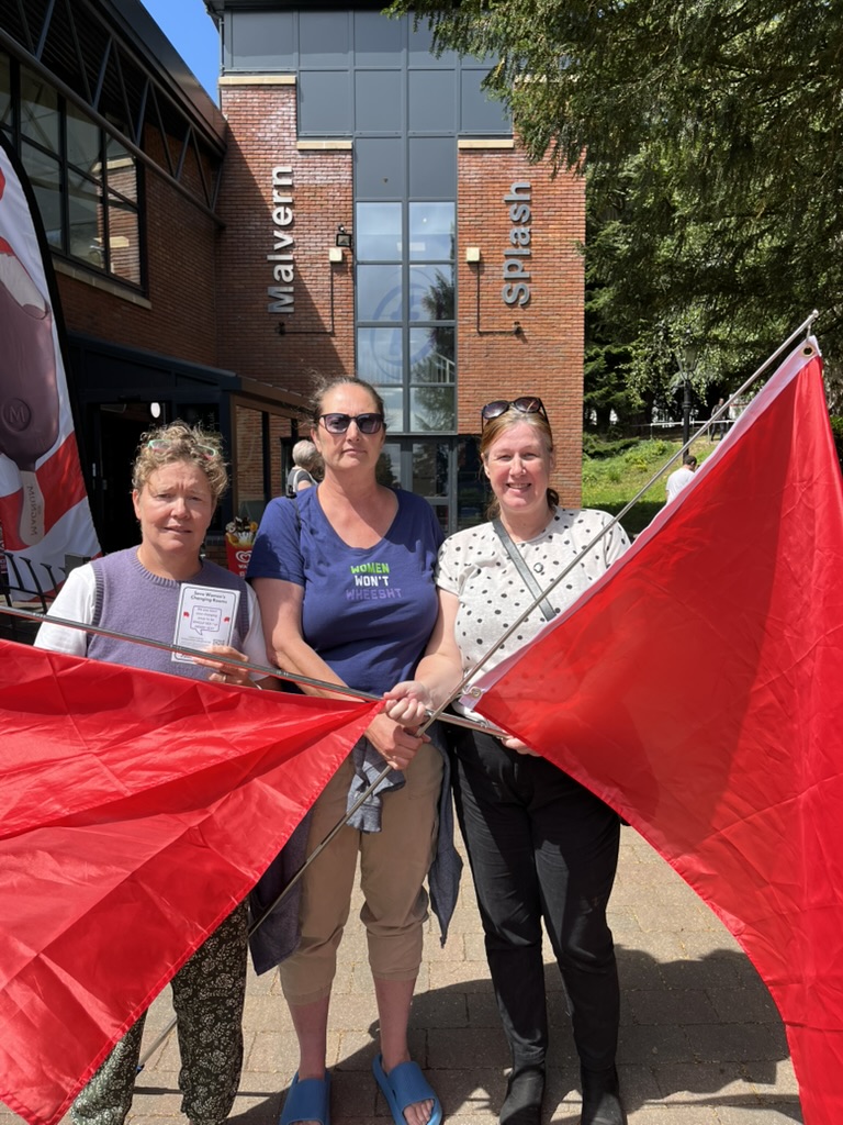 WRN3counties's tweet photo. A successful morning on the Red Flag campaign outside Malvern Splash. Lots of support from both women and men to reintroducing single sex changing rooms for those using the pool. Much concern for the safety of teenage daughters. https://t.co/nGy18Pbrec