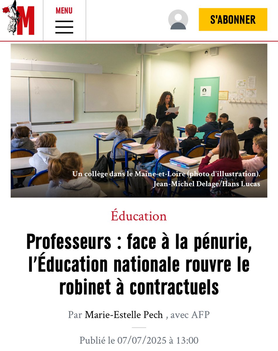 Ithyphallique's tweet image. 📰🗞️
C’est reparti, plutôt que de recruter des étudiants qui ont passé un ou deux ans à préparer le concours de prof (et qui s’en détournent à cause des salaires faméliques), le Ministère va faire des jobs dating pour recruter des profs en 30 minutes.
➡️ marianne.net/societe/educat…