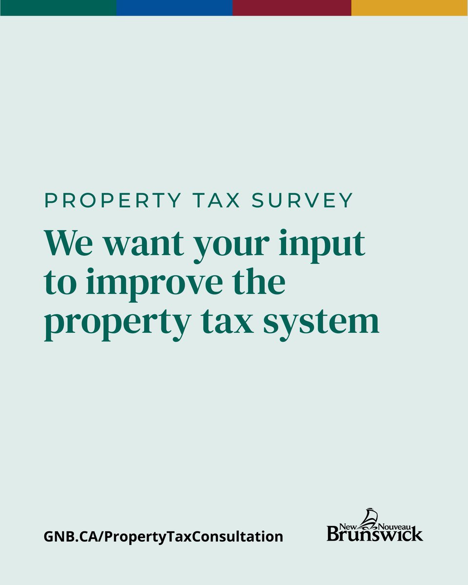 Gov_NB's tweet image. Help shape the future of property tax in New Brunswick.

We’re looking for your feedback on how to improve the property tax system.

Take a short, 10-minute survey by August 10 to share your thoughts.
gnb.ca/propertytaxcon…

Prefer to participate by phone? Call 1-833-724-0088.