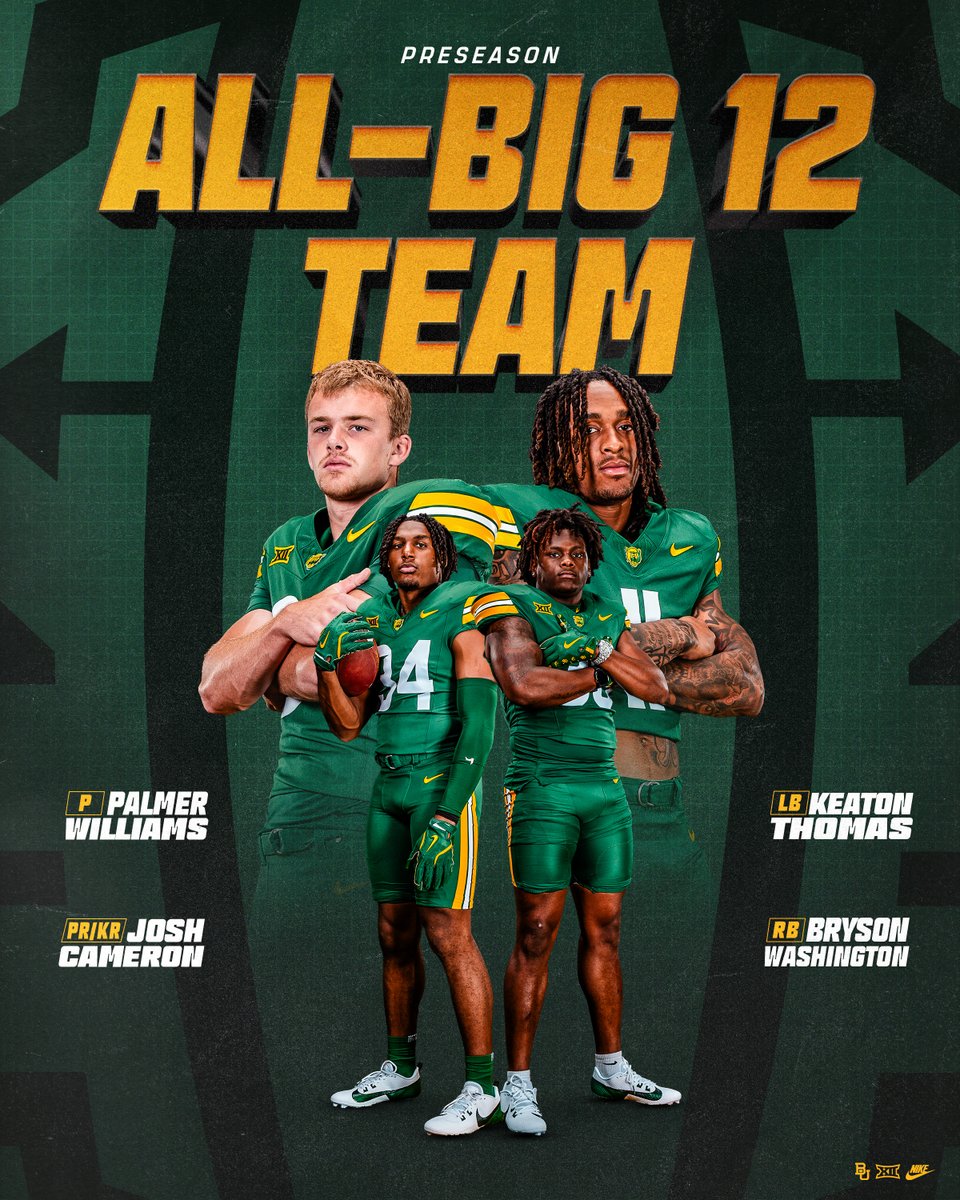 Baylor Football (@bufootball) on Twitter photo 2025 Preseason All-<a href="/Big12Conference/">Big 12 Conference</a> Team.
🟩 <a href="/Josh_Cameron34/">Josh Cameron</a>
🟩 <a href="/KThomas2022/">Keaton “KT” Thomas</a>
🟩 <a href="/Brysonwash15/">osobryson1</a>
🟩 <a href="/palmerw87/">Palmer Williams</a>
#SicEm 2025 Preseason All-<a href="/Big12Conference/">Big 12 Conference</a> Team.
🟩 <a href="/Josh_Cameron34/">Josh Cameron</a>
🟩 <a href="/KThomas2022/">Keaton “KT” Thomas</a>
🟩 <a href="/Brysonwash15/">osobryson1</a>
🟩 <a href="/palmerw87/">Palmer Williams</a>
#SicEm