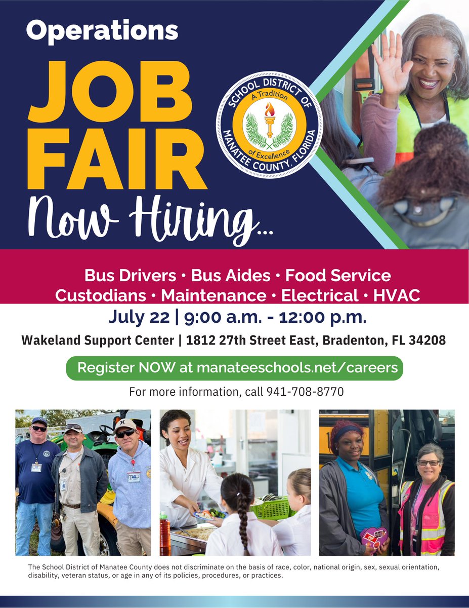 An Operations Job Fair is being held on Tuesday, July 22, 2025, from 9 a.m. until 12 p.m. at Wakeland Support Center, located at 1812 27th Street East in Bradenton. 
Job seekers are encouraged to register at the following link: forms.office.com/Pages/Response…