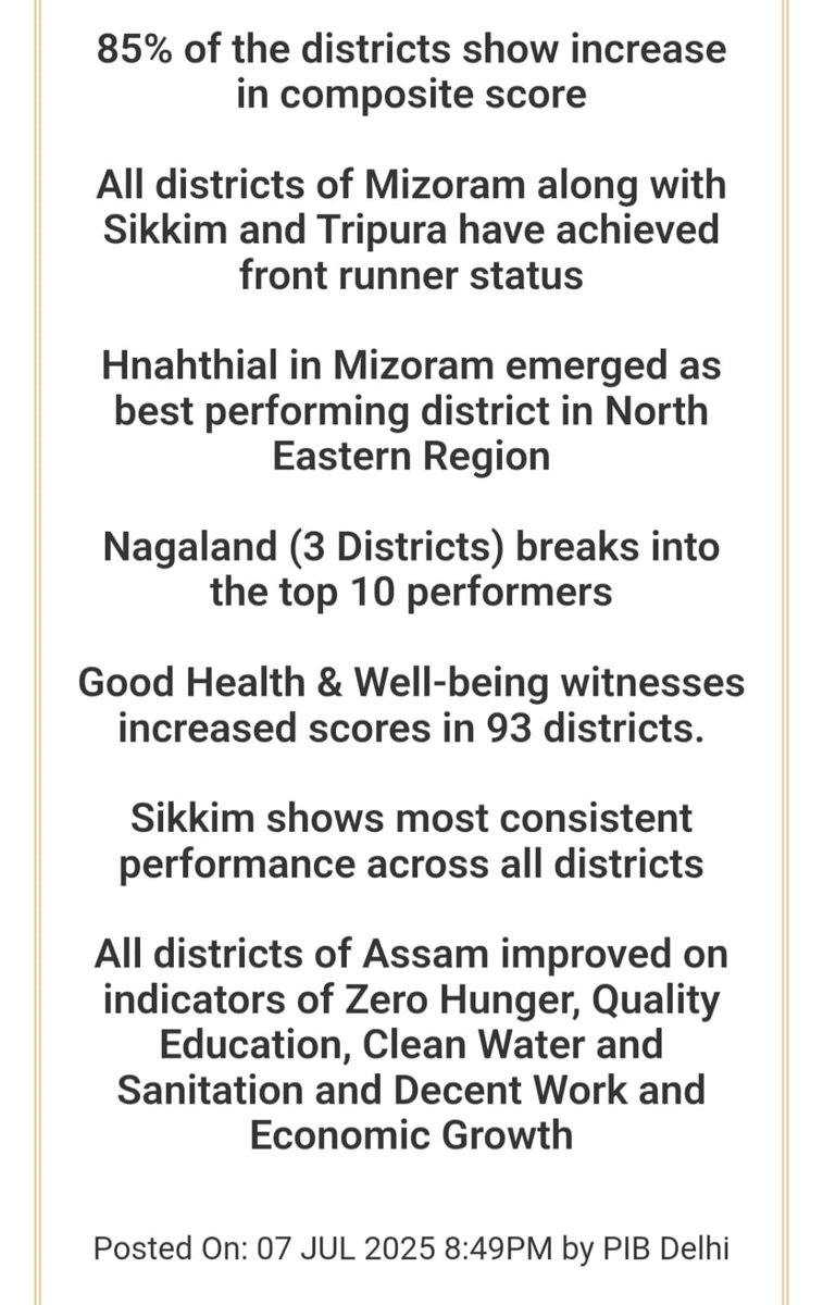 Pleased to share that in the 2nd edition of the North Eastern Region District SDG Index Report 2023-24 by <a href="/NITIAayog/">NITI Aayog</a>, Mizoram's Hnahthial district ranked 1st (81.43 pts), Champhai 2nd (79.86 pts), and Kolasib secured 9th position (76.50 pts). Congratulations to all! #SDG #Mizoram
