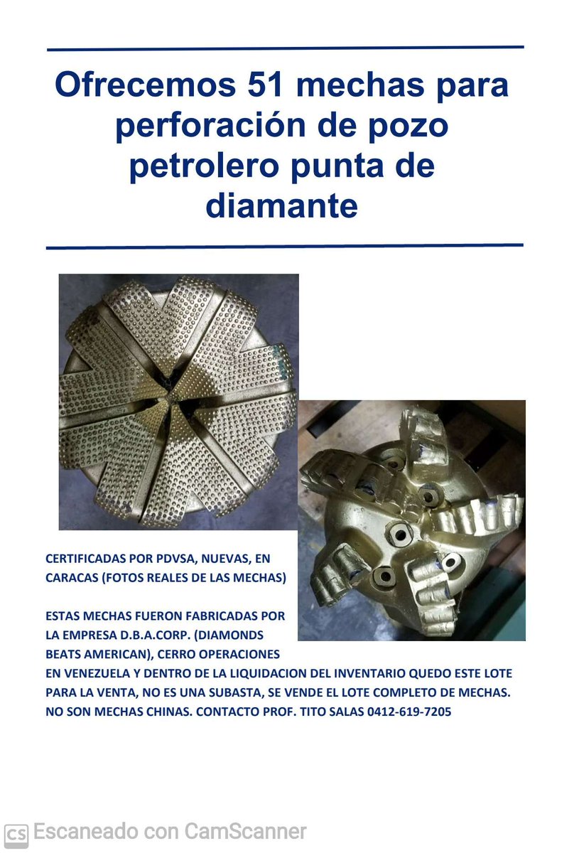 AnglicanosV's tweet photo. @EPPetroecuador muy buenas tardes Tenemos disponibilidad de mechas punta de diamante americanas para perforación de pozo petrolero certificados por pdvsa en caracas listas para entrega inmediata Número de contacto +584126197205 https://t.co/FUrCe1qNpL