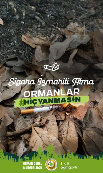 The post from Orman Genel Müdürlüğü (@OGMgovtr) includes three images with the text "#SebepOlma Ormanlar #HiçYanmasın 💚". The first image shows dry leaves with a cigarette butt and the text "Sigara İzmarıtı Atma ORMANLAR #HİCYANMASIN", warning against throwing cigarette butts in forests. The second image depicts litter, specifically a plastic bottle, in a forest with the text "Çöp Atma ORMANLAR #HİCYANMASIN", advising against littering in forests. The third image shows a fire in a forest with the text "Ateş Yakma ORMANLAR #HİCYANMASIN", cautioning against starting fires in forests. All images emphasize the importance of preventing forest fires through responsible behavior. The bottom of each image includes the logo and contact information of Orman Genel Müdürlüğü (ogm.gov.tr).