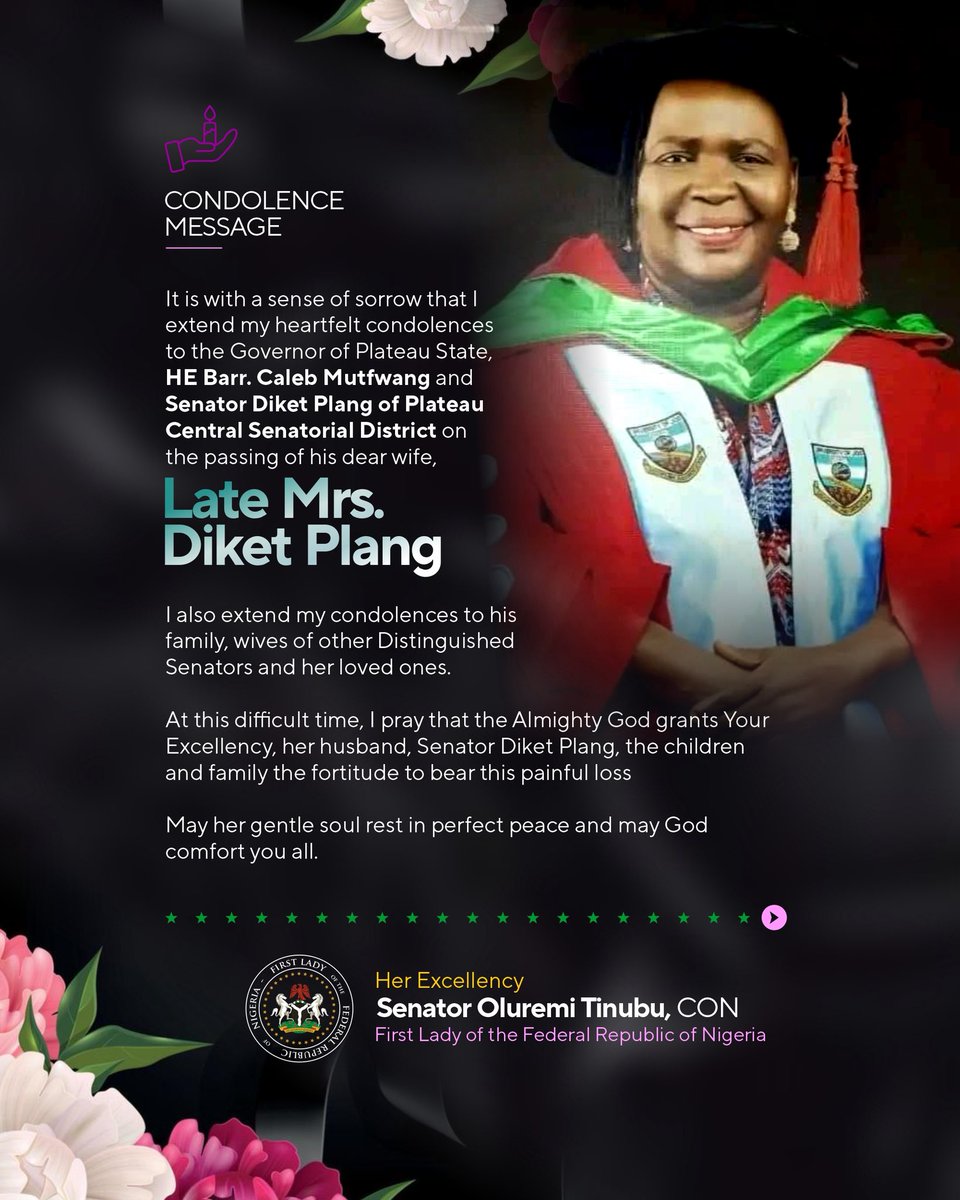SenRemiTinubu's tweet image. It is with a sense of sorrow that I extend my heartfelt condolences to the Governor of Plateau State, HE Barr. Caleb Mutfwang and Senator Diket Plang of Plateau Central Senatorial District on the passing of his dear wife, late Mrs. Diket Plang.
I also extend my condolences to…