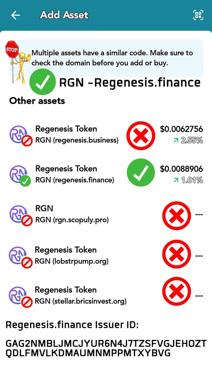 🚨 SCAM WARNING! 🚨

⚠️ Fake RGN Regenesis Tokens Detected! 

Multiple assets are using the RGN ticker and logo but only one is the real RGN token!

🔍 These scams are designed to deceive buyers- please be extra cautious! 

✅ When buying RGN make sure it is linked to the