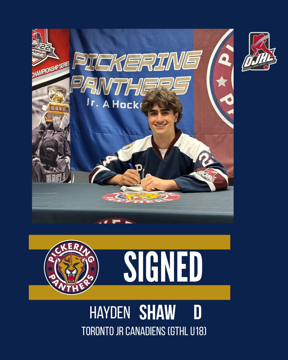 PanthersOJHL's tweet photo. SIGNED -
The Panthers are proud to welcome 2008-born defenseman Hayden Shaw (6'1", 192 lbs) from Oshawa, ON. He joins us from the Toronto Jr. Canadiens U18 AAA program and will add size, mobility, and compete to our blue line.
#NewPanther #OJHL #HaydenShaw #PickeringPanthers https://t.co/TQrmjkJqAQ