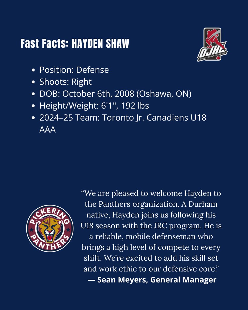 SIGNED - 
The Panthers are proud to welcome 2008-born defenseman Hayden Shaw (6'1", 192 lbs) from Oshawa, ON. He joins us from the Toronto Jr. Canadiens U18 AAA program and will add size, mobility, and compete to our blue line.
#NewPanther #OJHL #HaydenShaw #PickeringPanthers