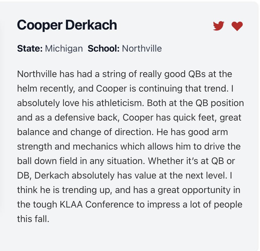 Cooper Derkach (@derkachcoop8145) on Twitter photo Thanks <a href="/ScoutTyGraham/">Tyler Graham</a> for recognizing me as a 2026 STOCK RISER! 🏈 🔥
<a href="/brentluplow/">Brent Luplow</a> <a href="/CoachMJSexton/">Matthew Sexton</a> <a href="/CoachFaustST/">Coach Faust</a> <a href="/kwlups/">Kelly Luplow</a> <a href="/Will_jontz/">Will Jontz</a> <a href="/z_rieps/">Zach Riepma</a> <a href="/CoachCouchAlma/">Jason Couch</a> <a href="/Coach_Ty_Palka/">Tyler Palka</a> <a href="/Coach_Palka/">Joe Palka</a> <a href="/jacobpardonnet/">Jacob Pardonnet</a> <a href="/PStuursm/">Peter Stuursma</a> <a href="/CoachHawken/">Andrew Hawken</a> <a href="/CoachWasil4/">Stephen Wasil</a> <a href="/Rundle_Albion/">Travis Rundle</a> <a href="/CoachThomas90/">Bryan Thomas</a> Thanks <a href="/ScoutTyGraham/">Tyler Graham</a> for recognizing me as a 2026 STOCK RISER! 🏈 🔥
<a href="/brentluplow/">Brent Luplow</a> <a href="/CoachMJSexton/">Matthew Sexton</a> <a href="/CoachFaustST/">Coach Faust</a> <a href="/kwlups/">Kelly Luplow</a> <a href="/Will_jontz/">Will Jontz</a> <a href="/z_rieps/">Zach Riepma</a> <a href="/CoachCouchAlma/">Jason Couch</a> <a href="/Coach_Ty_Palka/">Tyler Palka</a> <a href="/Coach_Palka/">Joe Palka</a> <a href="/jacobpardonnet/">Jacob Pardonnet</a> <a href="/PStuursm/">Peter Stuursma</a> <a href="/CoachHawken/">Andrew Hawken</a> <a href="/CoachWasil4/">Stephen Wasil</a> <a href="/Rundle_Albion/">Travis Rundle</a> <a href="/CoachThomas90/">Bryan Thomas</a>