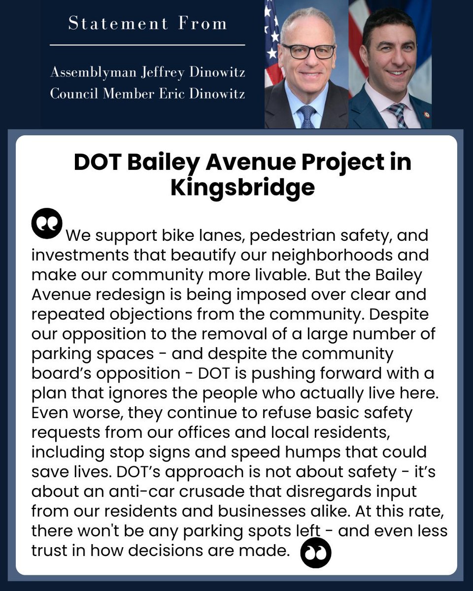 EricDinowitzNYC's tweet image. Joint statement with @JeffreyDinowitz on the @NYC_DOT Bailey Avenue Project in Kingsbridge.