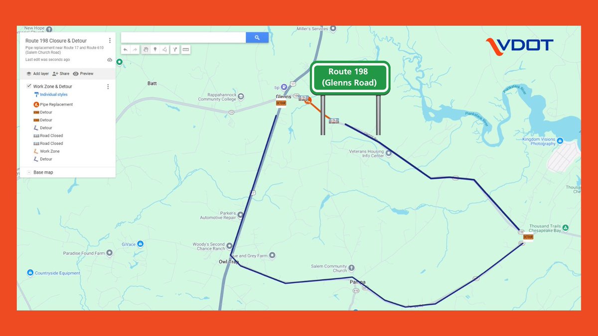 Rt. 198 (Glenns Road) in Gloucester will close Monday, July 21 for pipe replacement project. All traffic will be detoured for 3 weeks to replace 2 concrete pipes the same length as a school bus.  

For more information, visit: conta.cc/3IcfHTF