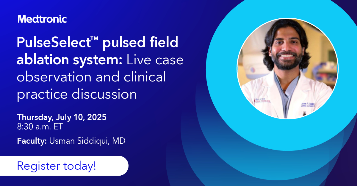Register to attend the upcoming live case observation with Dr. Usman Siddiqui as he shares his use of the PulseSelect™ pulsed field ablation system. #Epeeps #medtronic #electrophysiology

Register today: bit.ly/4ezR6UQ