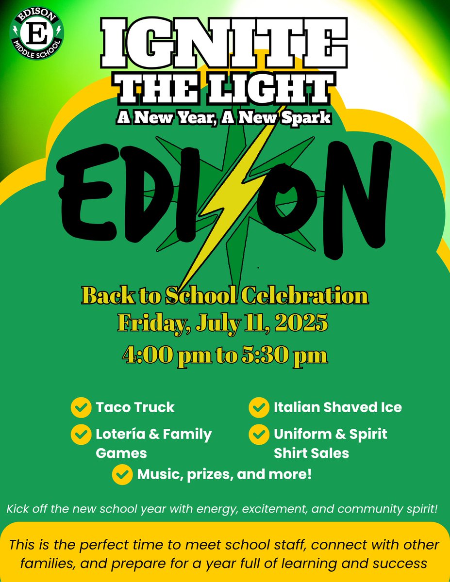 Edison Middle School (@edison_school) on Twitter photo Join Edison Middle School back to school celebration THIS Friday, July 11th from 4:00pm to 5:30pm.
💥Ignite the Light: A New Year, A New Spark💥 will have 🌮 food trucks, games, 🎲Loteria, 🎵music and more. <a href="/MrGuzmanHISD/">Johnatan Guzman</a> Join Edison Middle School back to school celebration THIS Friday, July 11th from 4:00pm to 5:30pm.
💥Ignite the Light: A New Year, A New Spark💥 will have 🌮 food trucks, games, 🎲Loteria, 🎵music and more. <a href="/MrGuzmanHISD/">Johnatan Guzman</a>