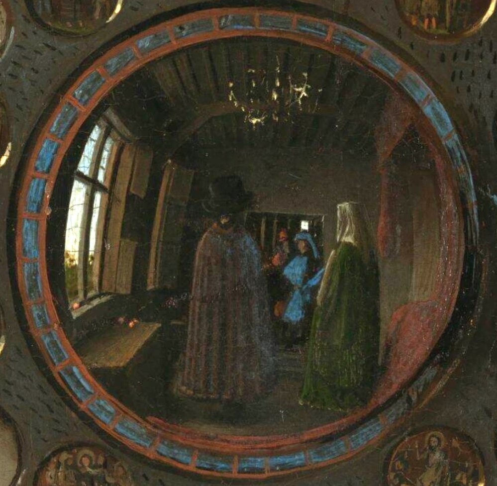 Jan van Eyck'ın 1434 tarihli "Giovanni Arnolfini ve Eşi" isimli resimde dahiyane bir görsel efekt var: Duvardaki dışbükey aynadan Giovanni ve eşi ile odanın tamamı karşı açıdan yansımakta, onlara iki kişinin baktığı görülmekte, birisinin ressamın kendisi olduğu sanılmaktadır: