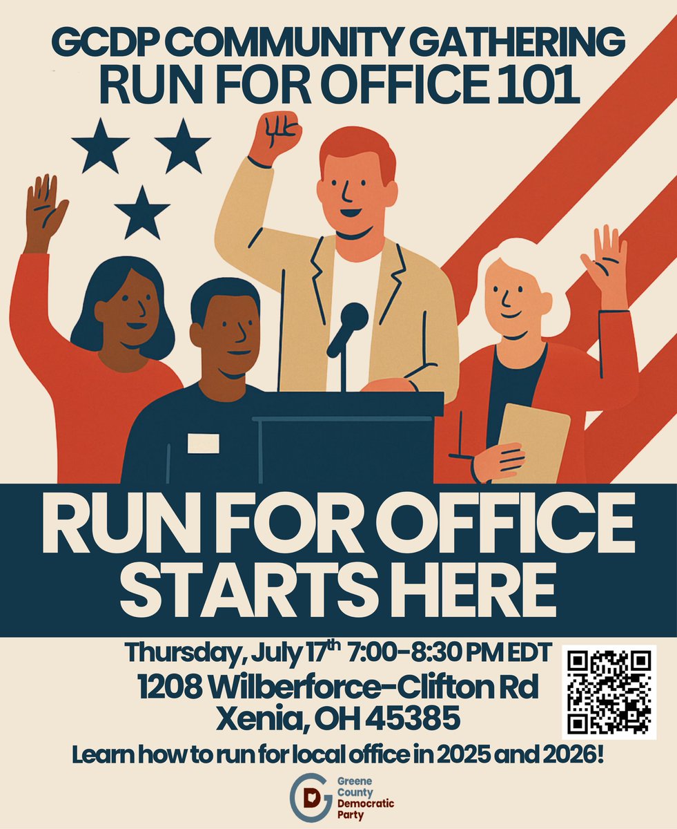 Want to run for office? Start here!

Join GCDP’s Community Gathering: Run for Office 101 to learn what it takes to run in 2025 or 2026—no experience needed! 🗳️

📅 Thursday, July 17th | 7–8:30 PM EDT
📍 1208 Wilberforce-Clifton Rd, Xenia, OH

🔗 DM us or email chair@gcdp.org