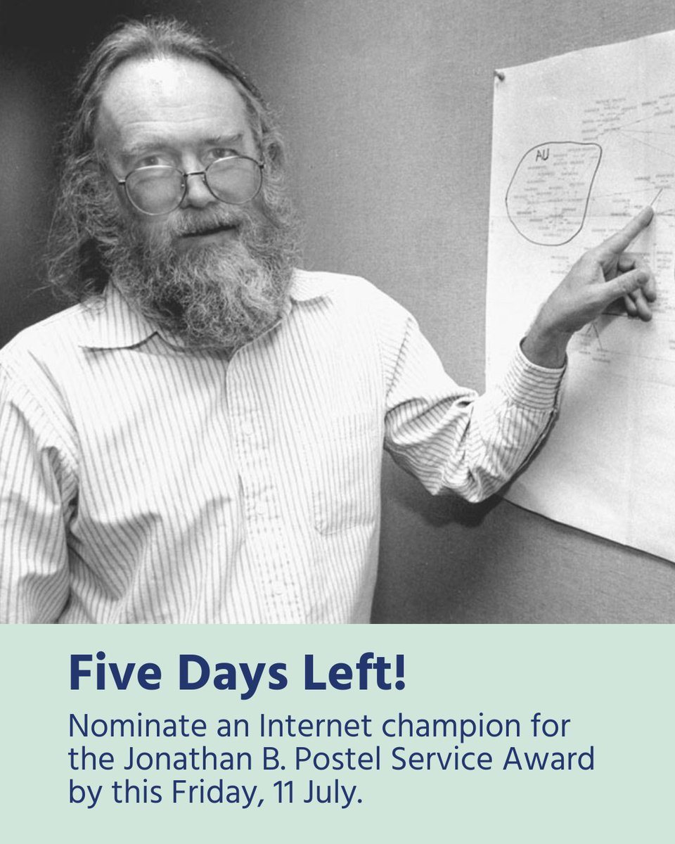 Nominations for the Postel Service Award close THIS FRIDAY! 🌐

If you know someone who has made outstanding and sustained contributions in service to the Internet community, nominate them today: internetsociety.org/grants-and-awa…