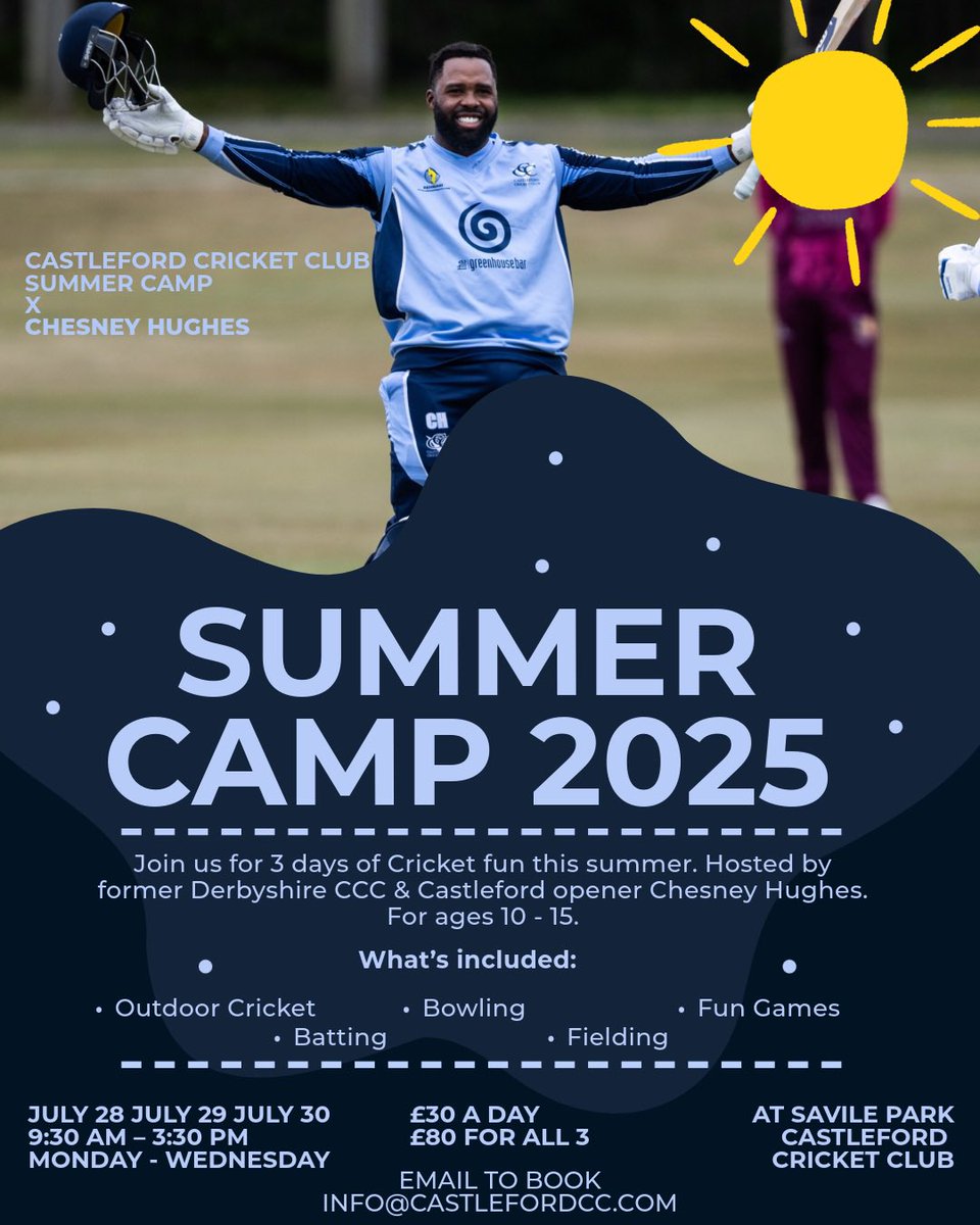Castleford Cricket Club (@castlefordcc) on Twitter photo OUR 2025 SUMMER CAMPS LED BY CHESNEY HUGHES! 🏏
Places are limited and expected to fill up quickly, to reserve your place simply fill out the form below -
forms.gle/sGU3sb6Ue6Lkr5…
Any questions feel free to contact Colson or Martin - Info@CastlefordCC.com
🏏📆☀️📔 OUR 2025 SUMMER CAMPS LED BY CHESNEY HUGHES! 🏏
Places are limited and expected to fill up quickly, to reserve your place simply fill out the form below -
forms.gle/sGU3sb6Ue6Lkr5…
Any questions feel free to contact Colson or Martin - Info@CastlefordCC.com
🏏📆☀️📔