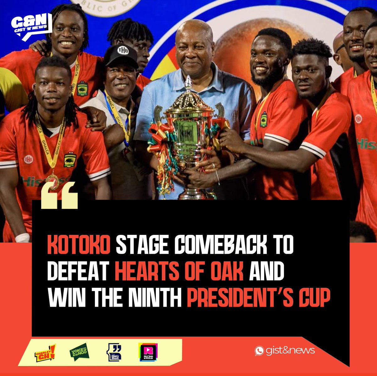 ibgstudiosgh's tweet photo. Kumasi Asante Kotoko Sporting Club have emerged as winners of the 2025 President’s Cup thanks to a 2-1 win over archrivals Accra Hearts of Oak.

#johnmahama #AsanteKotoko #AccraHeartsOfOak #ibgstudiosgh https://t.co/tbSozJ73r3