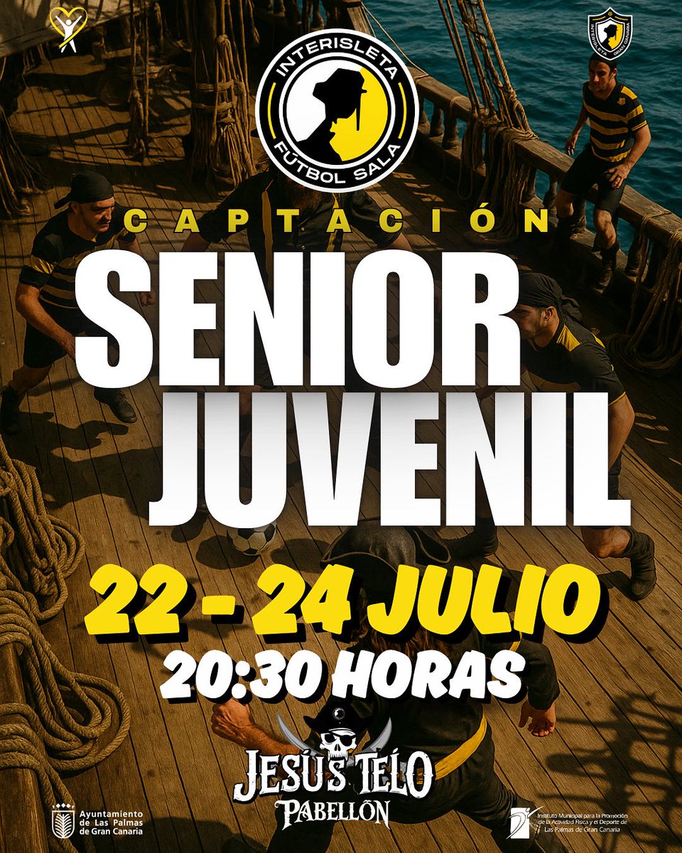 interisletagc's tweet photo. ⚽️ ¡Jornadas de Captación!
Abrimos inscripciones para el Primer Equipo Senior Masculino y el Equipo Juvenil de Fútbol Sala ⚫️⚪️🟡

🗓 22 y 24 de julio
📍 Pabellón Jesús Telo – La Isleta
🕣 Hora: 20:30 h

📲 Inscripción obligatoria:
👉 https://t.co/8diCh3Kaq1

#somosisleta https://t.co/dQhHJwGJ2l