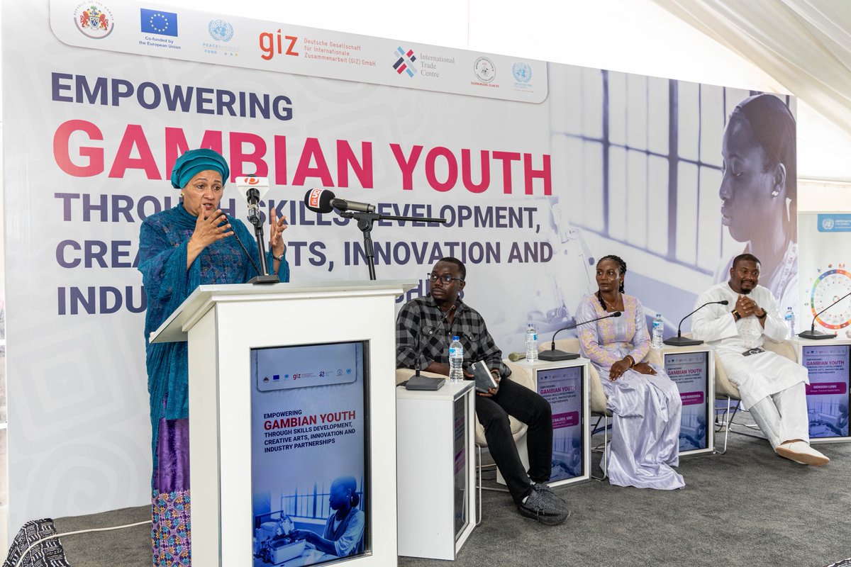 UNGambia's tweet photo. Changing lives, one youth at a time. 

DSG @AminaJMohammed joined a high-level panel at the Bakoteh Production &amp; Innovation Centre to spotlight how skills &amp; youth-led enterprise can drive economic growth in The #Gambia.

👏🏾 @ITC_Gambia for this great project supporting 🇬🇲 #Youth. https://t.co/wslfiw6Ifs