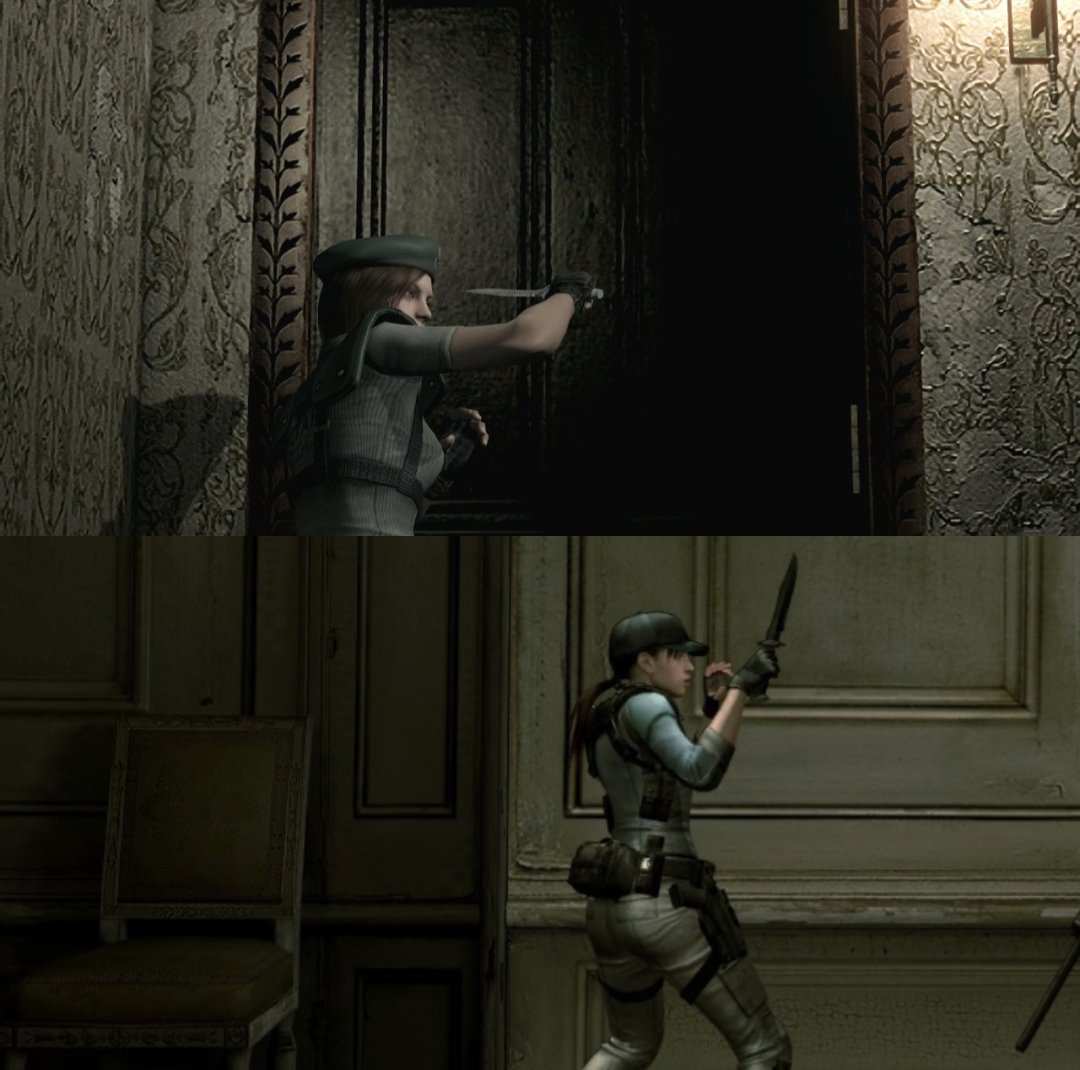 RacconSurvivor's tweet image. Aside from Jill & Chris unique knife stances that suit their knifing style, another noteable detail is how they hold it, Chris holds his away from his face for safety due to its large size, while Jill has hers close to her face with no issue since she has a smaller one. #REBHFun