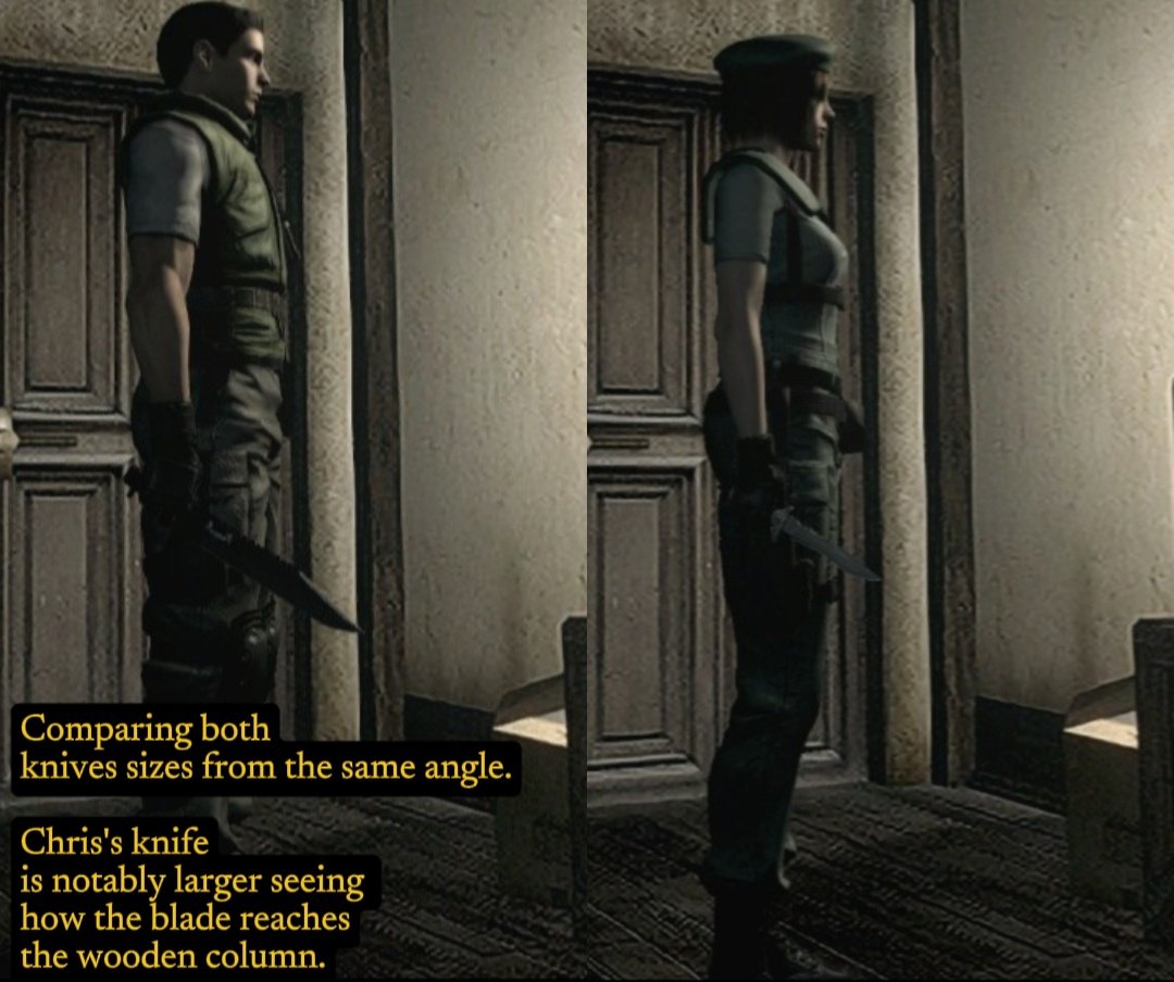 RacconSurvivor's tweet image. Aside from Jill & Chris unique knife stances that suit their knifing style, another noteable detail is how they hold it, Chris holds his away from his face for safety due to its large size, while Jill has hers close to her face with no issue since she has a smaller one. #REBHFun