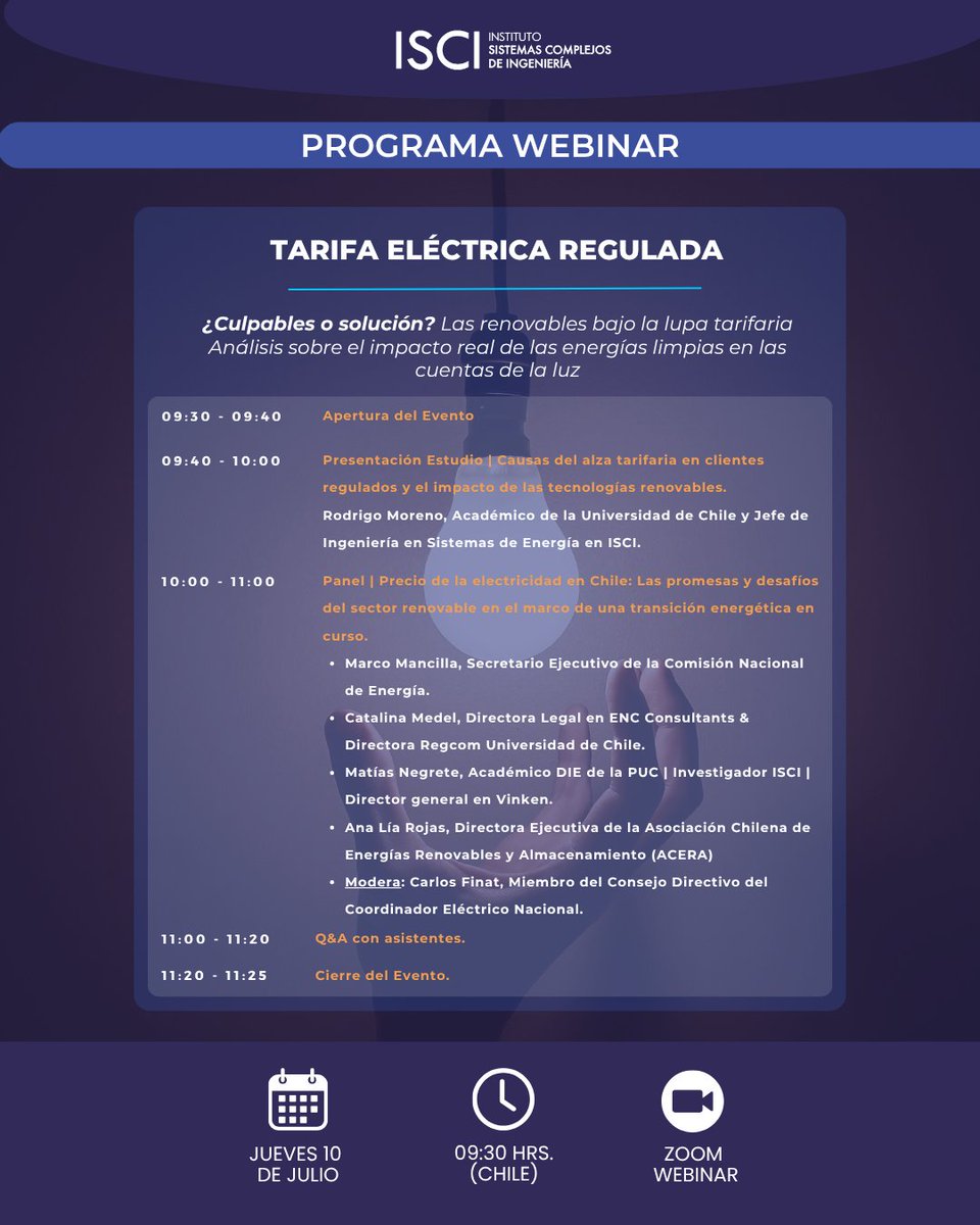 ÚLTIMOS CUPOS
[𝗪𝗲𝗯𝗶𝗻𝗮𝗿 𝗜𝗦𝗖𝗜]🔌 Tarifa Eléctrica Regulada | ¿Culpables o solución?
𝗔𝗻á𝗹𝗶𝘀𝗶𝘀 𝘀𝗼𝗯𝗿𝗲 𝗲𝗹 𝗶𝗺𝗽𝗮𝗰𝘁𝗼 𝗿𝗲𝗮𝗹 𝗱𝗲 𝗹𝗮𝘀 𝗲𝗻𝗲𝗿𝗴í𝗮𝘀 𝗹𝗶𝗺𝗽𝗶𝗮𝘀 𝗲𝗻 𝗹𝗮𝘀 𝗰𝘂𝗲𝗻𝘁𝗮𝘀 𝗱𝗲 𝗹𝗮 𝗹𝘂𝘇⚡

🗓️ 𝗙𝗲𝗰𝗵𝗮: Jueves 10 de julio
🕒