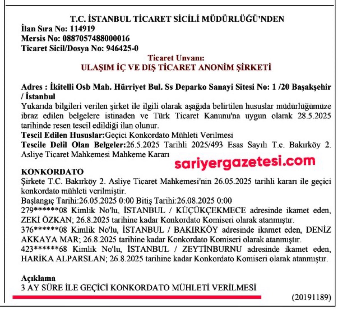 Geçmiş olsun İstanbul!

CHP Milletvekili Özgür Karabat‘ın mali müşavirliğini yaptığı,

Otobüsleri üreten Mercedes’in ‘yetersiz’ bulunduğu 14 ihaleyi İETT’den alarak 20 milyar TL’yi kasasına koyan,

Ulaşım İç ve Dış Ticaret A.Ş. konkordato ilan etti!