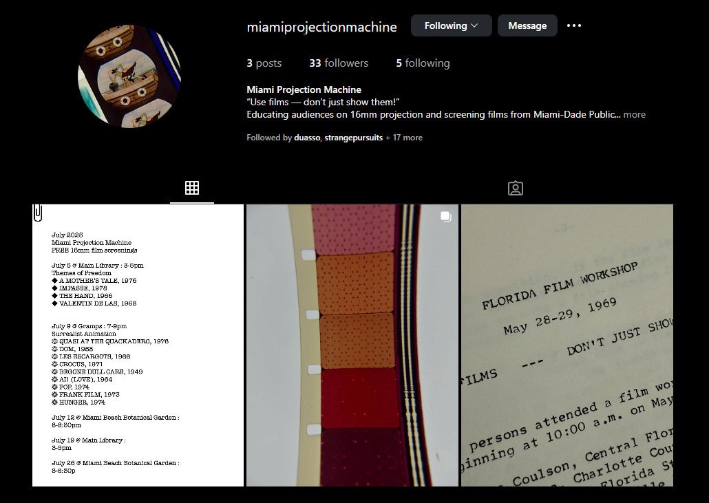 Don't think I've posted this yet, but my friend Katharine and I have started an Instagram account highlighting prints from the Miami-Dade Public Library's collection and also keeping folks updated on upcoming screenings, projection courses, and more.

instagram.com/miamiprojectio…