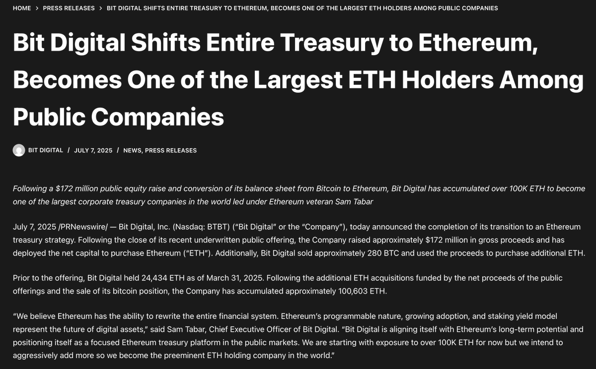 THIS COMPANY SOLD ALL OF THEIR BTC AND BOUGHT $200M OF ETH

Bit Digital just acquired $192.9M ETH after raising ~$172M from a public offering, and selling their entire holdings of BTC, worth ~$28M.

Bit Digital now holds a total of $254.8 Million of ETH.