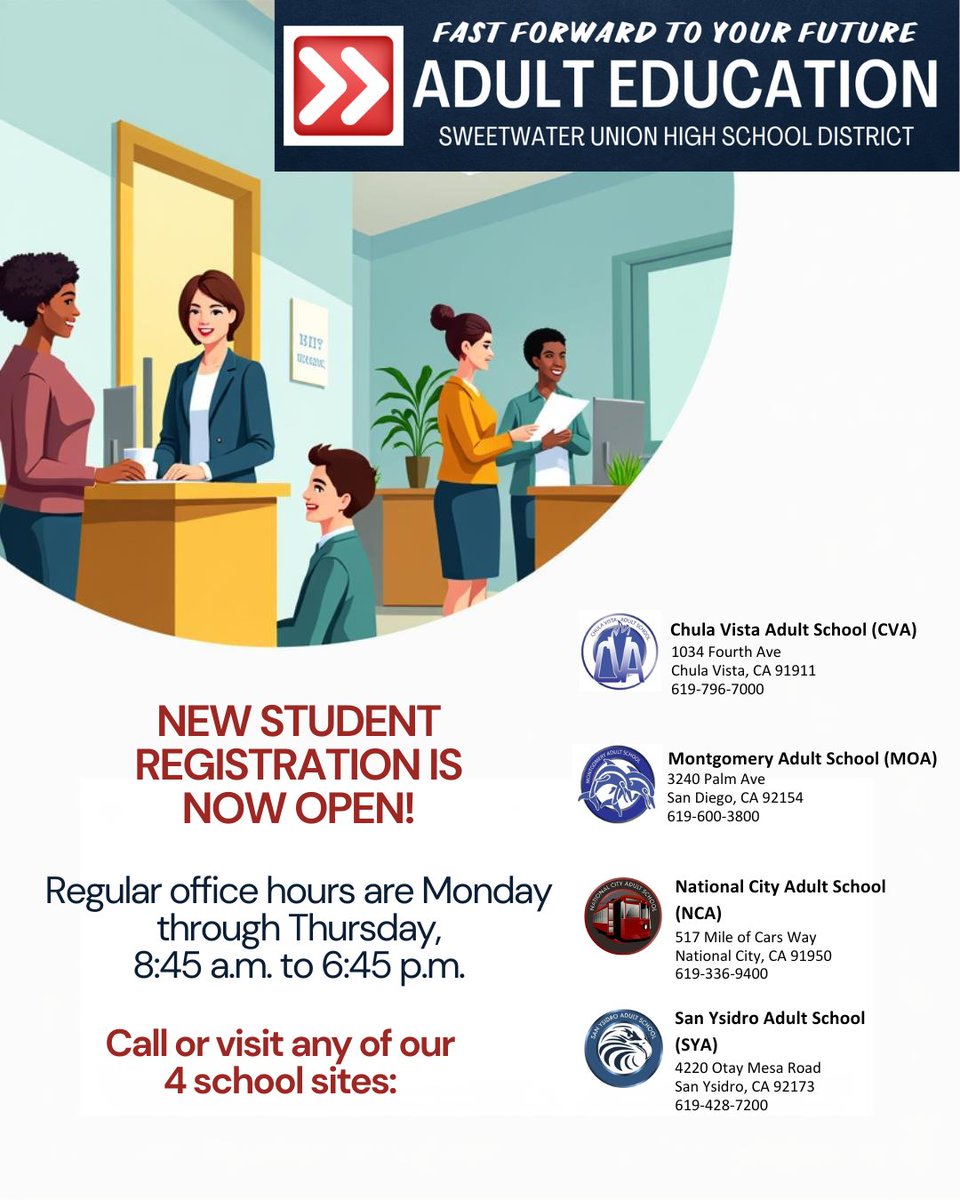 School starts TODAY, WEDNESDAY, JULY 30, 2025! All adult school offices are open Monday thru Thursday, 8:45 a.m. to 6:45 p.m. to register for classes. Call for more information or go to our website: adulteducation.sweetwaterschools.org. We only offer in person registration at this time.