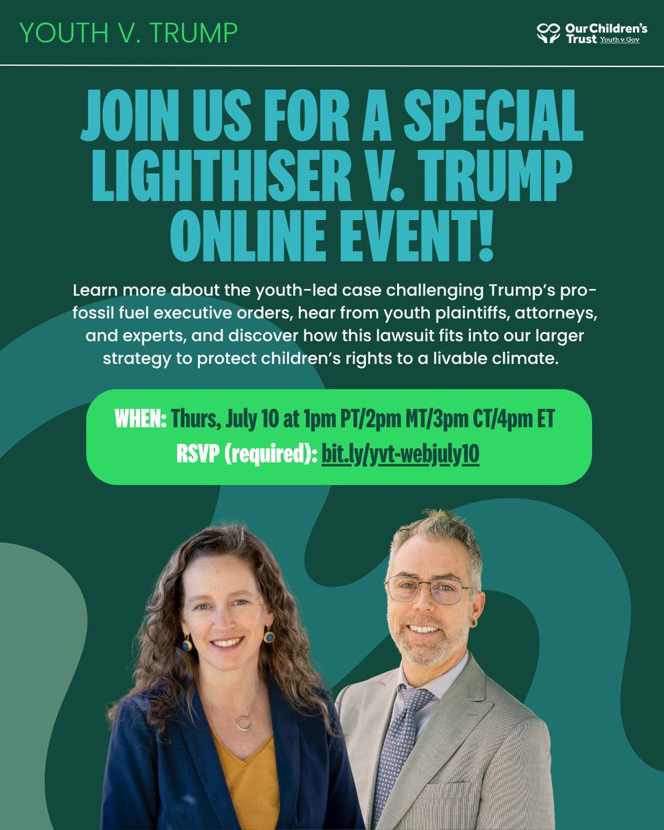 youthvgov's tweet image. Join us and learn more about the only legal challenge to President Trump's executive orders that fast-track fossil fuel development, block clean energy, gut environmental protections, and suppress federal climate science. July 10 at 1pm PT. RSVP: bit.ly/yvt-webjuly10