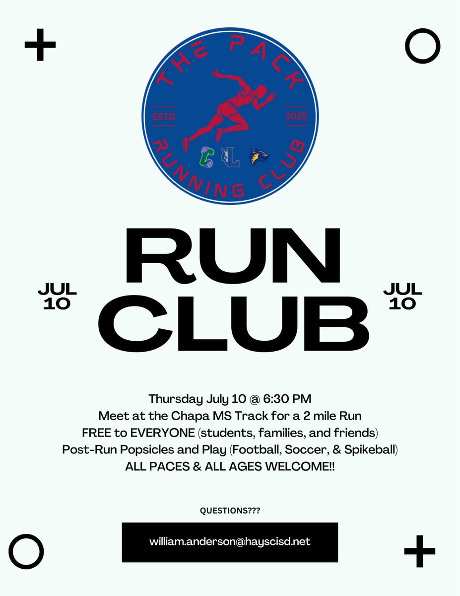 🏃‍♂️🐾 THE PACK Run Club 🐾🏃‍♀️

First event is this Thursday, July 10, at 6:30 PM at Chapa Middle School. 

🎉 This is a space for everyone: students, families, siblings, friends — whether you’re fast, slow, walking, running, or just hanging out!

#RunWithThePack