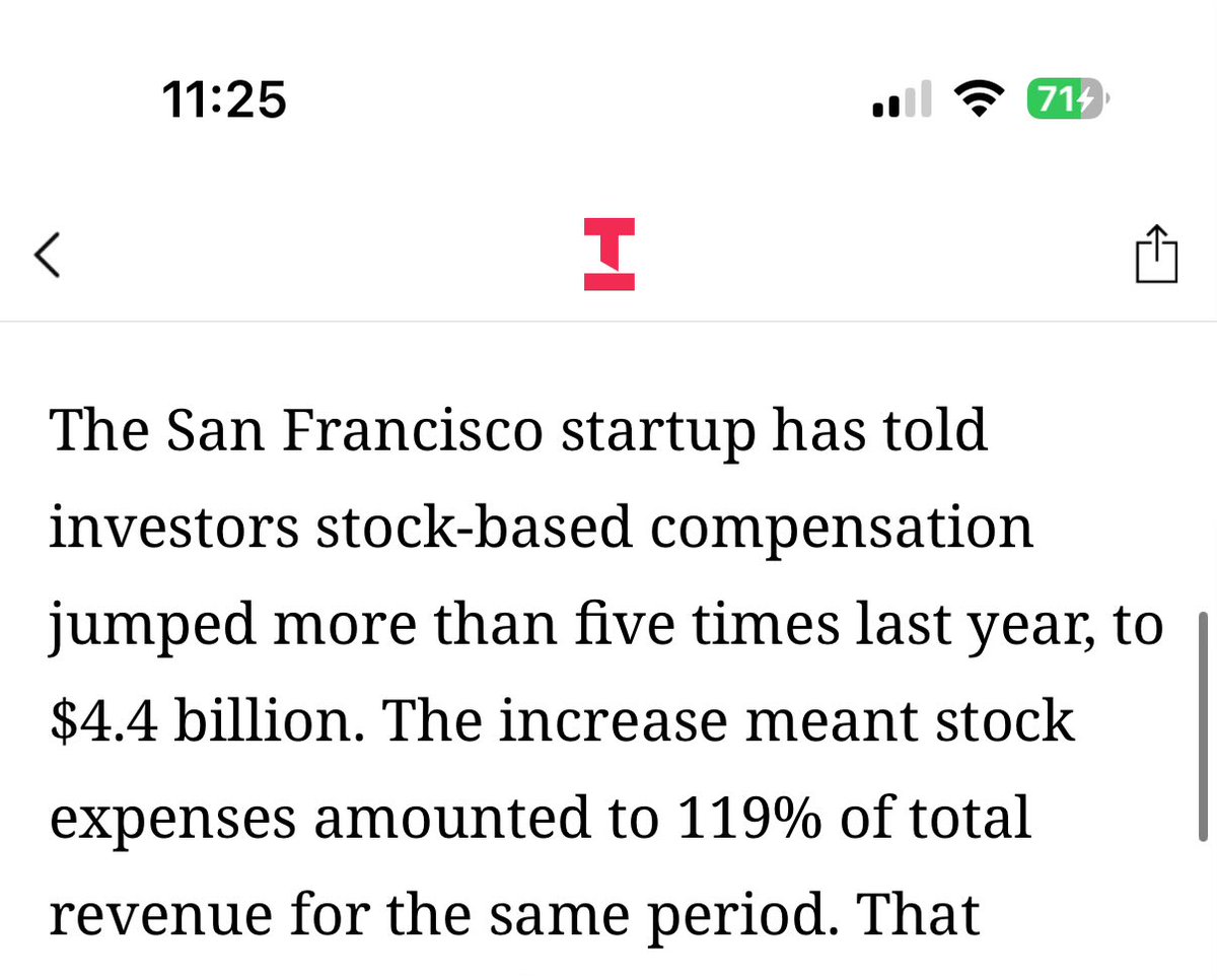Gary Marcus (@garymarcus) on Twitter photo Sure, OpenAI appears to spend more money on compute than they earn, but did you know that they ALSO spend more money on employee comp than they earn?
Per <a href="/theinformation/">The Information</a> “OpenAI stock compensation expense soared to 119% of revenue last year” — and that was pre Zucker-poaching. Sure, OpenAI appears to spend more money on compute than they earn, but did you know that they ALSO spend more money on employee comp than they earn?
Per <a href="/theinformation/">The Information</a> “OpenAI stock compensation expense soared to 119% of revenue last year” — and that was pre Zucker-poaching.